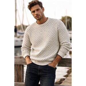 Vintage 90s Cape Isle Knitters Fisherman Sweater  Cream & Dark Green Textured L